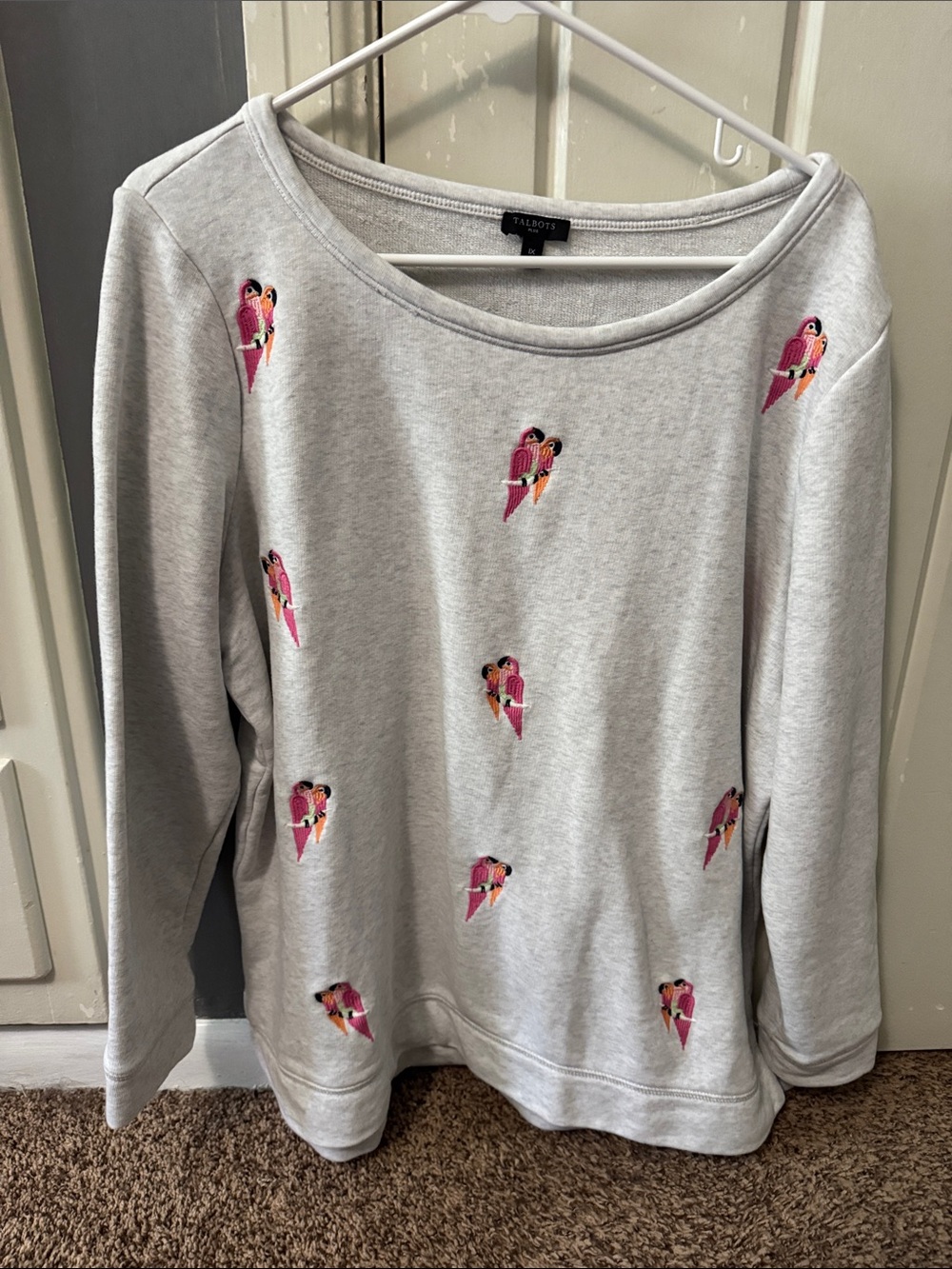 Talbots Gray Crewneck Sweatshirt with Pink Parrot Embroidery